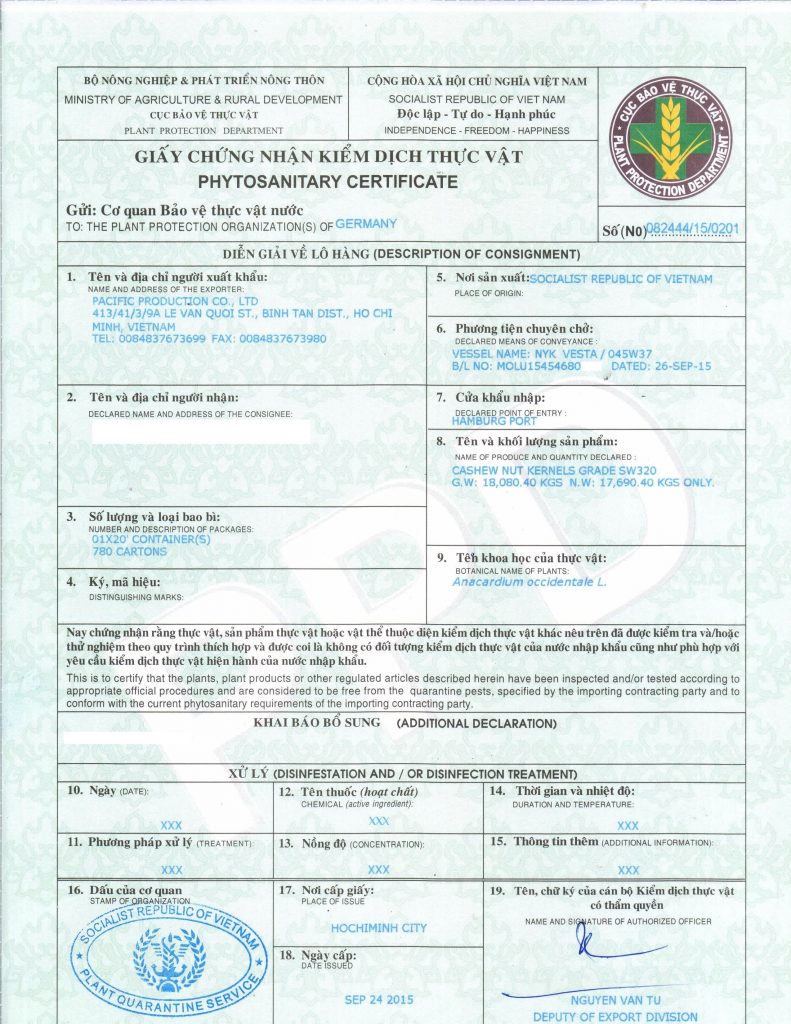 PHYTOSANITARY CERTIFICATE  Pacific Production Co., Ltd